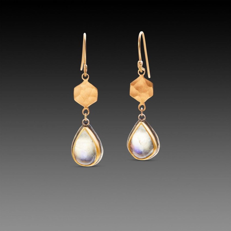 Earrings Ananda Khalsa | Gold Hexagon With Moonstone Drop Earrings