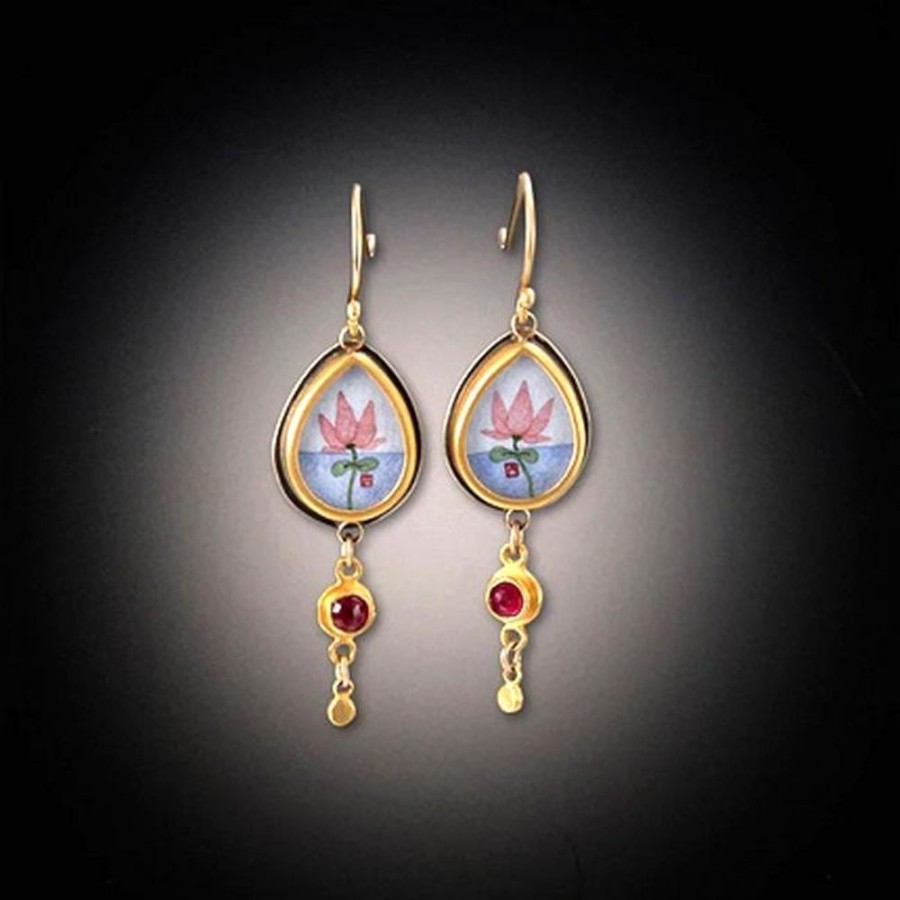 Hand Painted Jewelry Ananda Khalsa | Gold Teardrop Lotus Earrings With Rubies