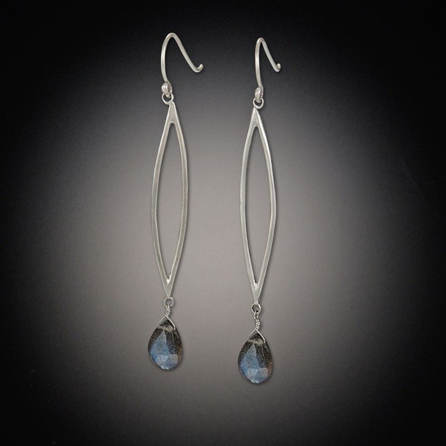 Earrings Ananda Khalsa | Long Open Leaf Earrings With Labradorite