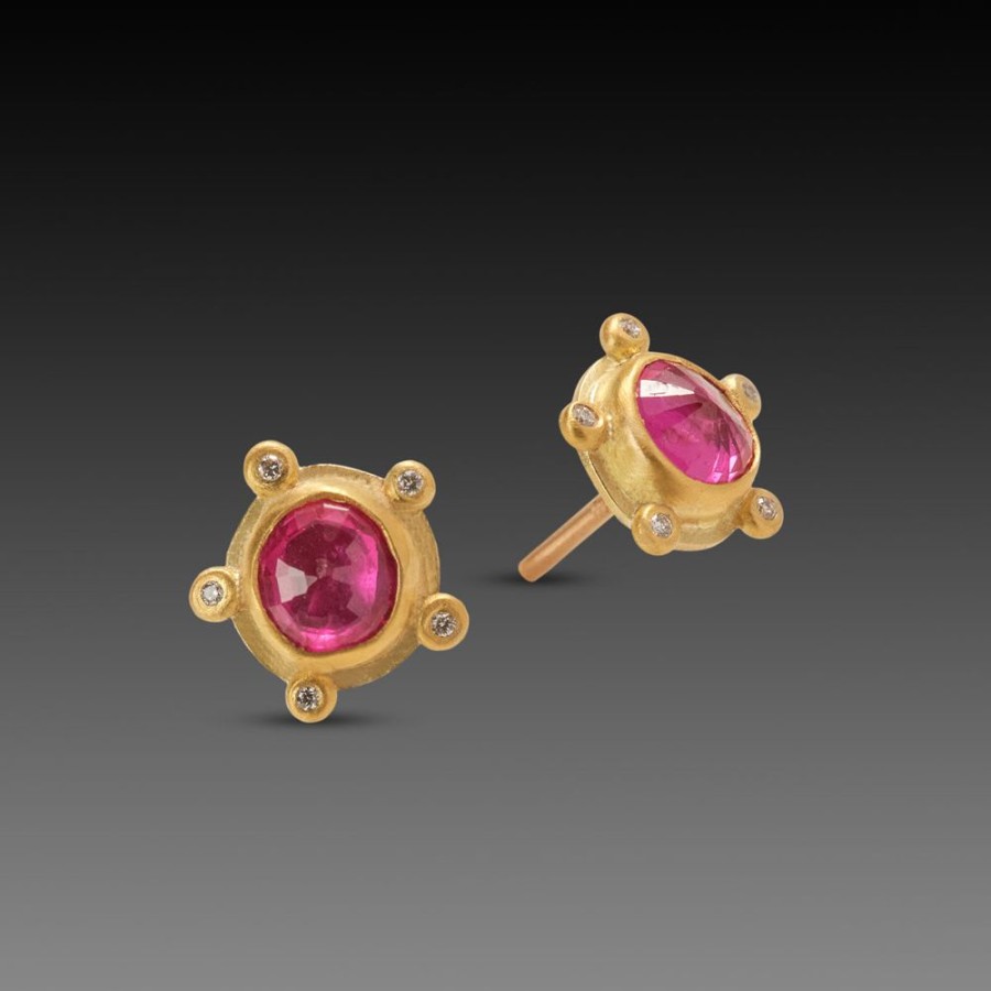 Earrings Ananda Khalsa | Ruby Stud Earrings With Diamonds