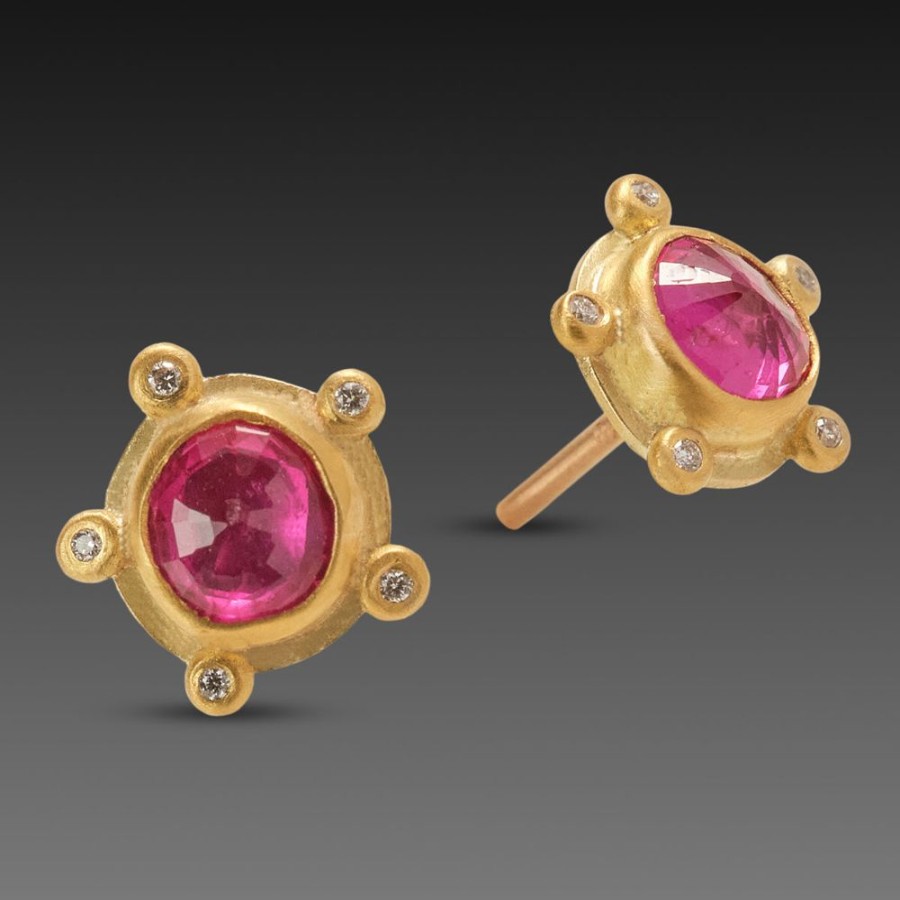 Earrings Ananda Khalsa | Ruby Stud Earrings With Diamonds