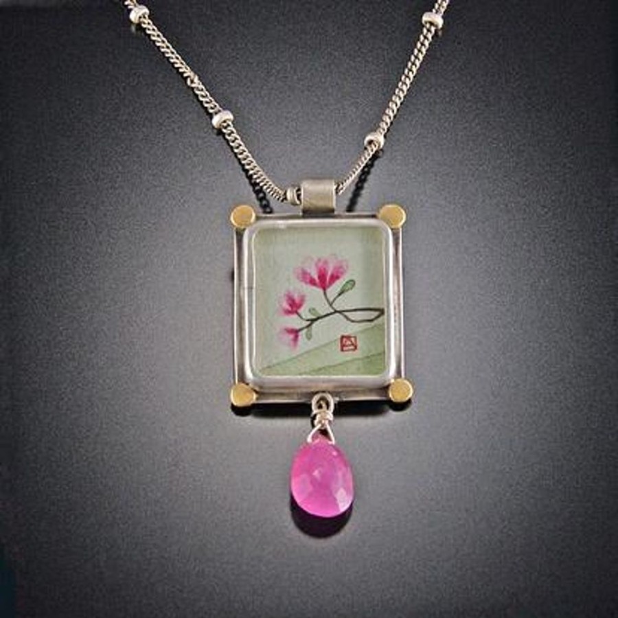 Hand Painted Jewelry Ananda Khalsa | Small Rectangle Magnolia Necklace With Pink Sapphire Drop