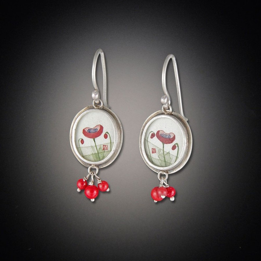 Hand Painted Jewelry Ananda Khalsa | Tiny Oval Poppy Earrings With Coral