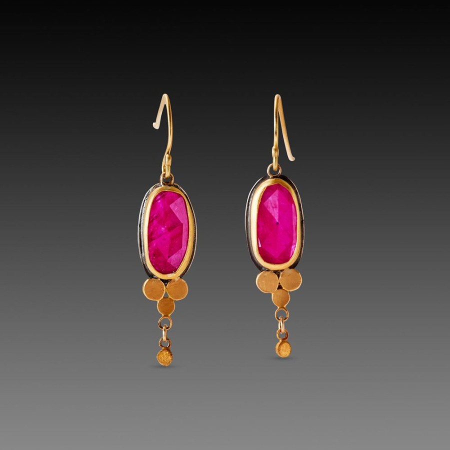 Earrings Ananda Khalsa | Ruby Drop Earrings With Gold Trios