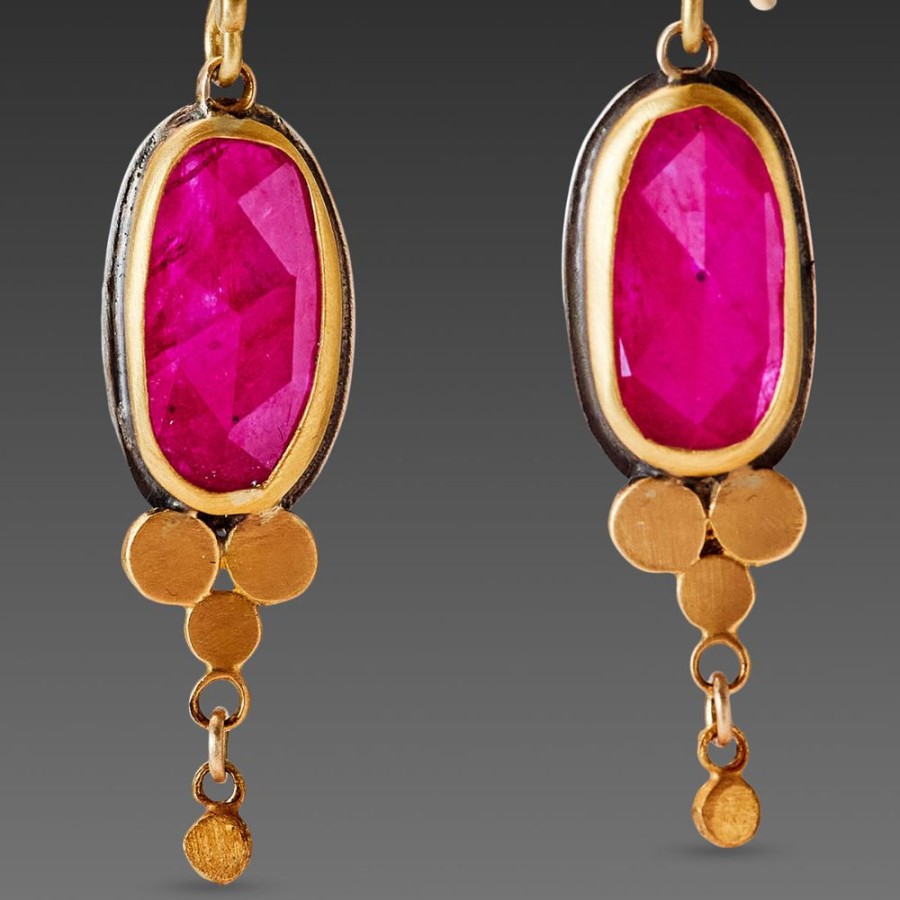 Earrings Ananda Khalsa | Ruby Drop Earrings With Gold Trios