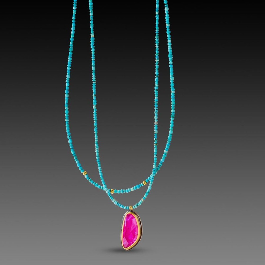 Necklaces Ananda Khalsa | Double Strand Turquoise Necklace With Ruby