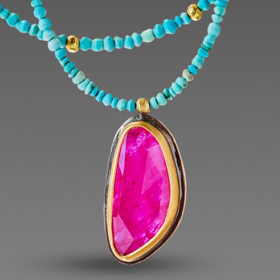 Necklaces Ananda Khalsa | Double Strand Turquoise Necklace With Ruby