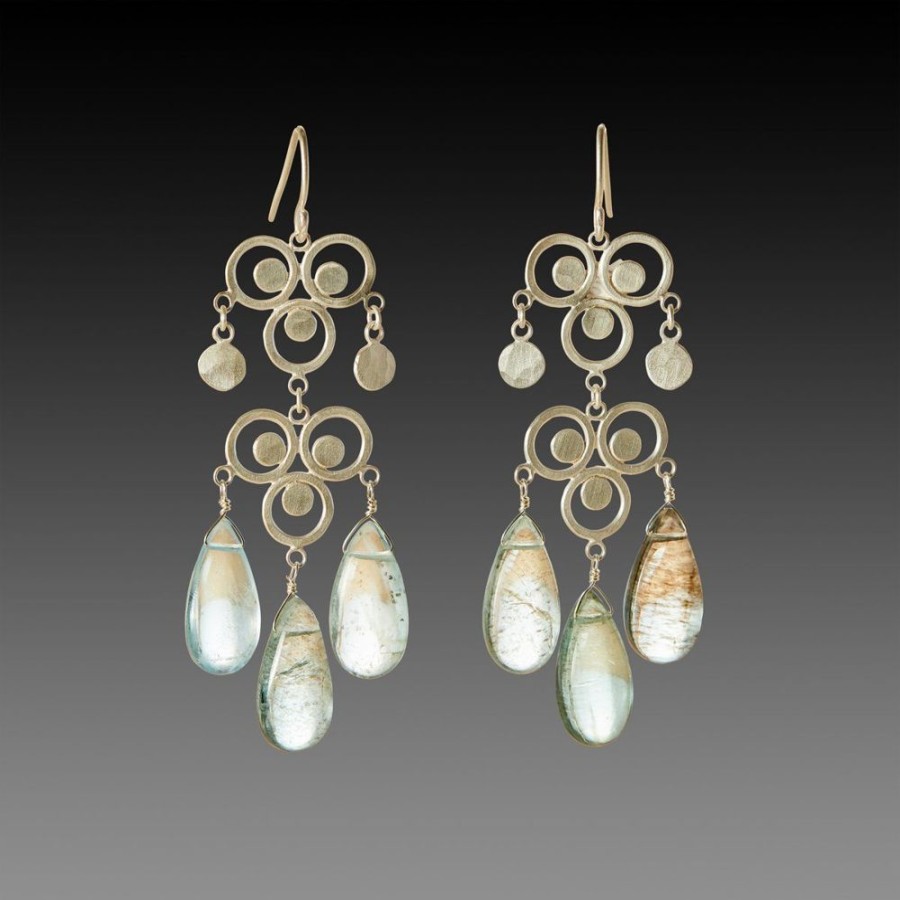 Earrings Ananda Khalsa | Double Filigree Chandelier Earrings With Moss Aquamarine Drops