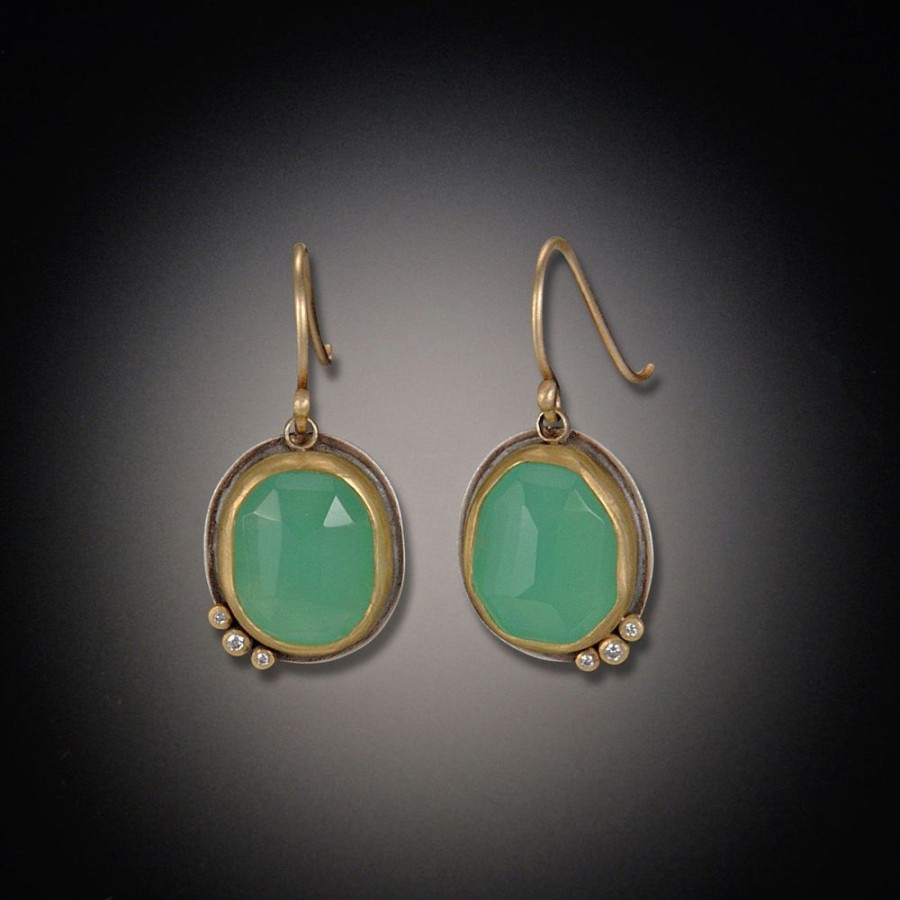 Earrings Ananda Khalsa | Rose Cut Chrysoprase Earrings With Three Diamonds