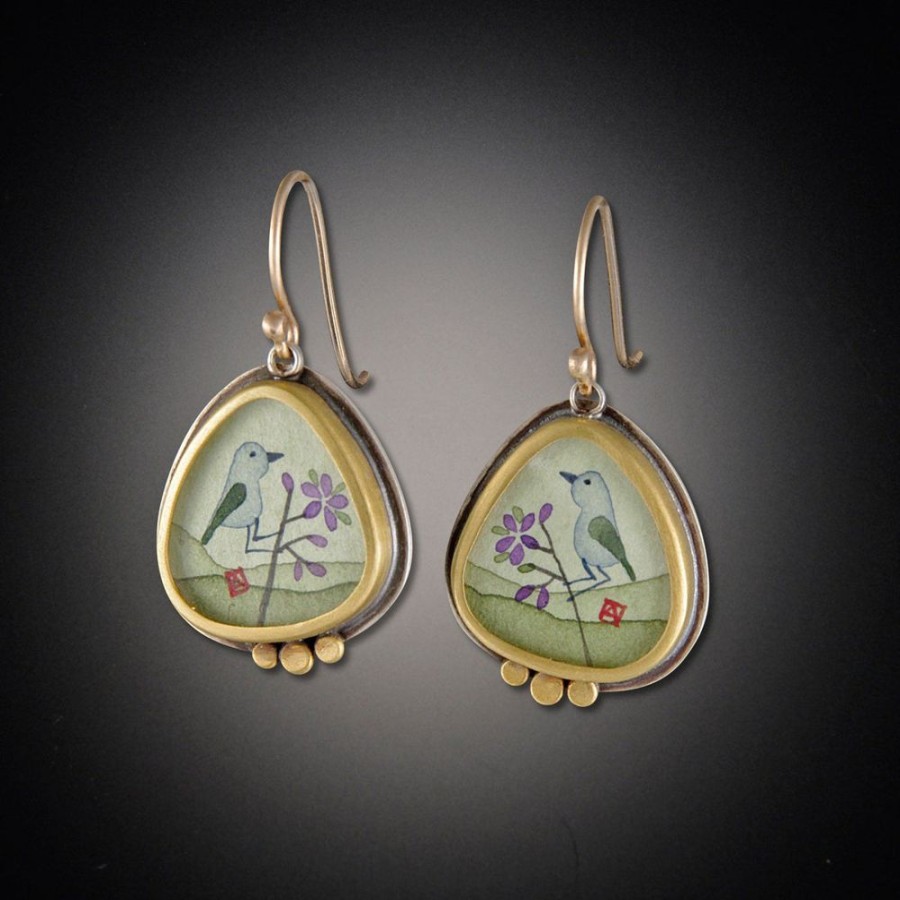 Hand Painted Jewelry Ananda Khalsa | Gold Organic Bluebird Earrings