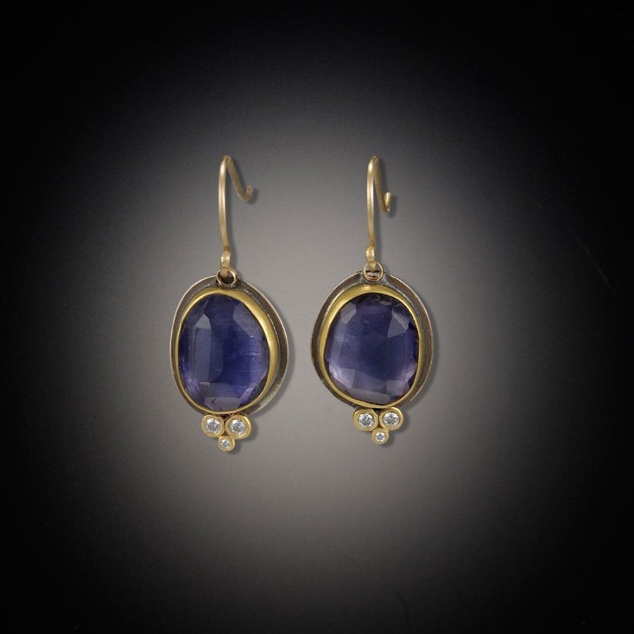 Earrings Ananda Khalsa | Rose Cut Iolite Earrings With Tiny Diamond Trios