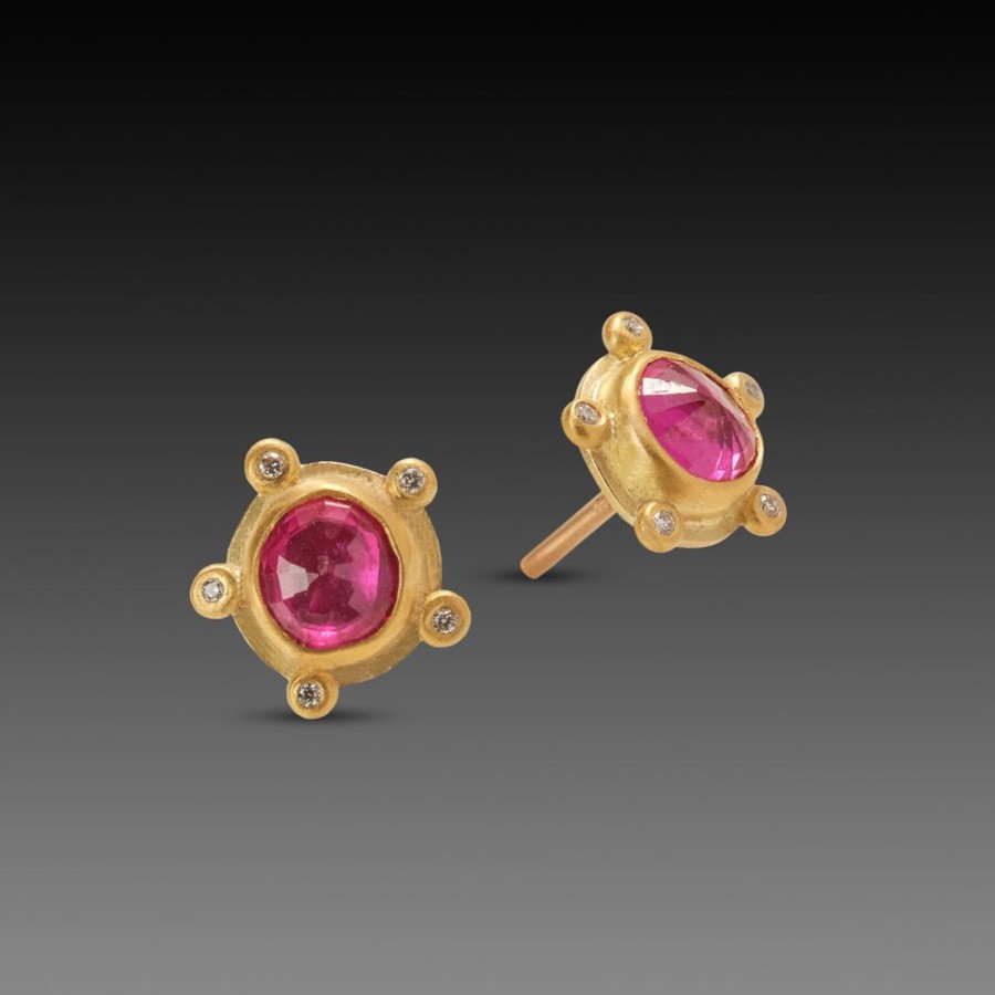 Earrings Ananda Khalsa | Ruby Stud Earrings With Diamonds