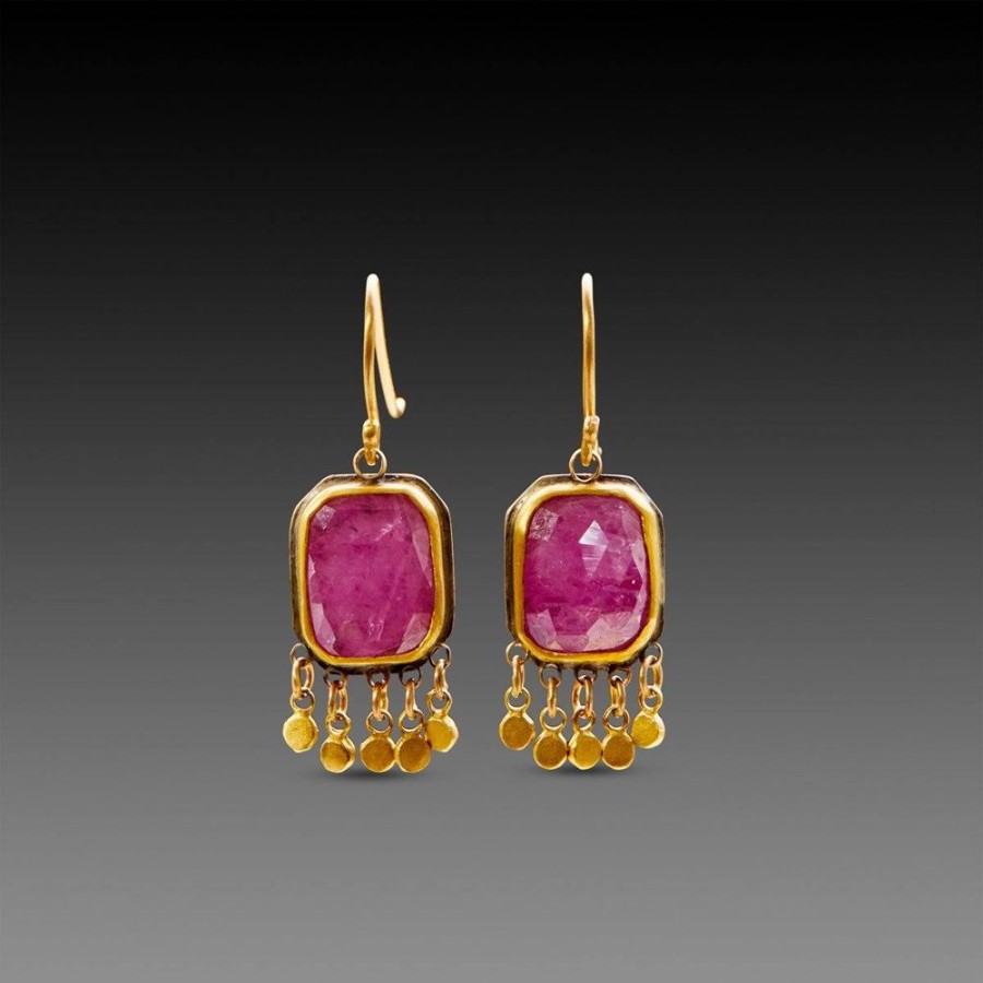 Earrings Ananda Khalsa | Pink Sapphire Earrings With 22K Gold Fringe