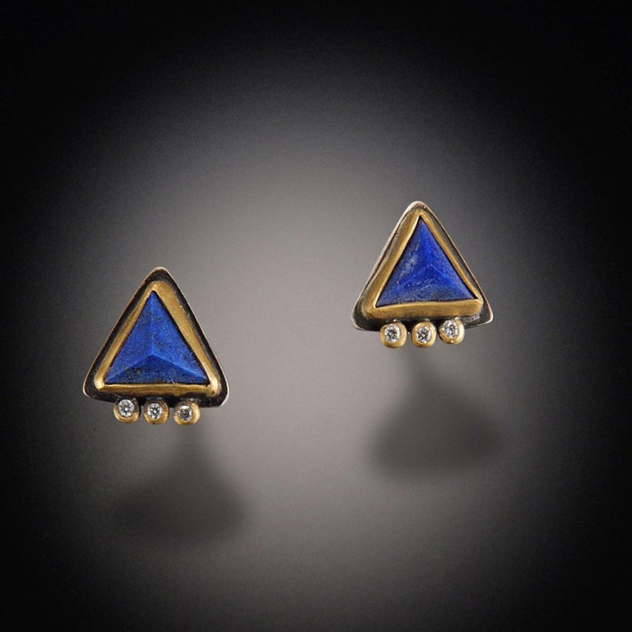 Earrings Ananda Khalsa | Triangle Lapis Stud Earrings With Three Diamond Dots