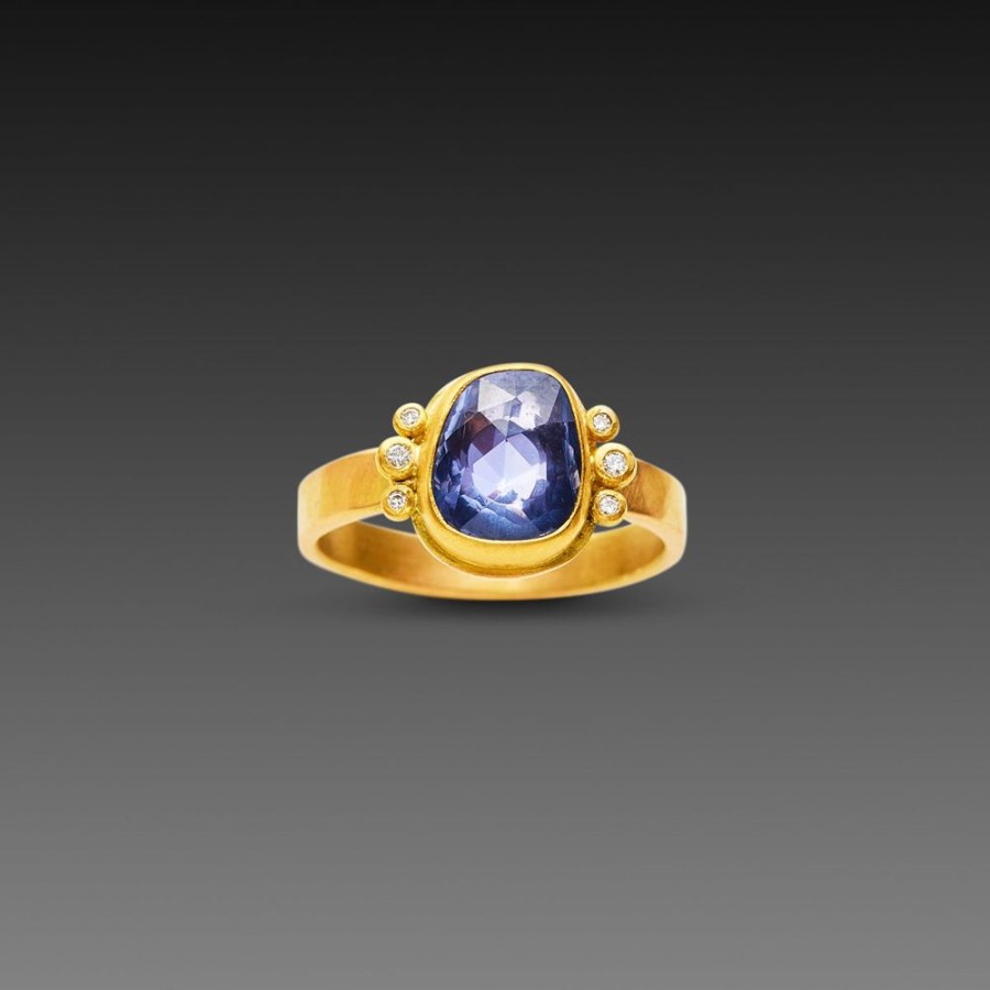 Rings Ananda Khalsa | Organic Blue Sapphire Ring With Two Diamond Trios