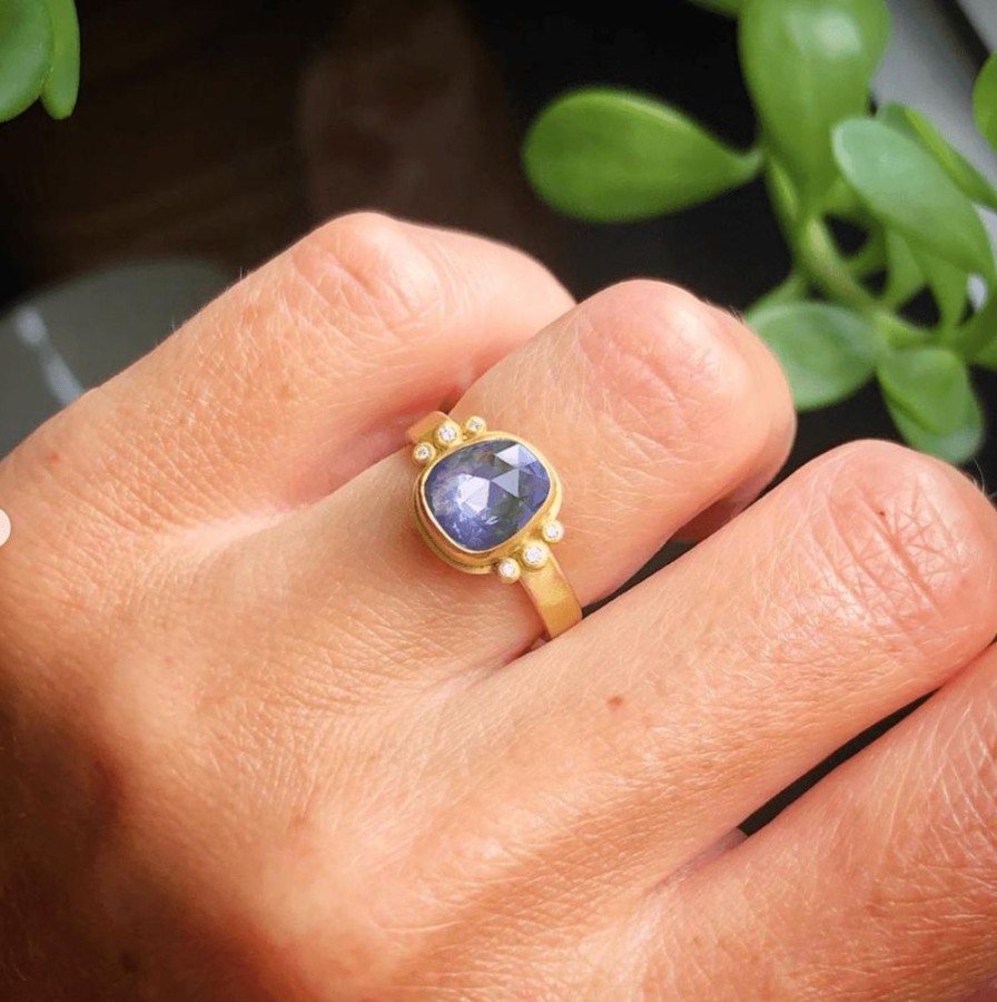 Rings Ananda Khalsa | Organic Blue Sapphire Ring With Two Diamond Trios