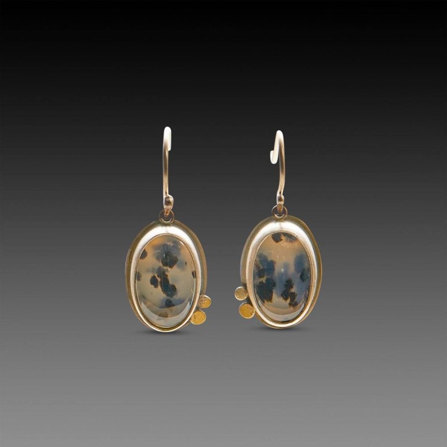 Earrings Ananda Khalsa | Moss Agate Earrings With Gold Dots