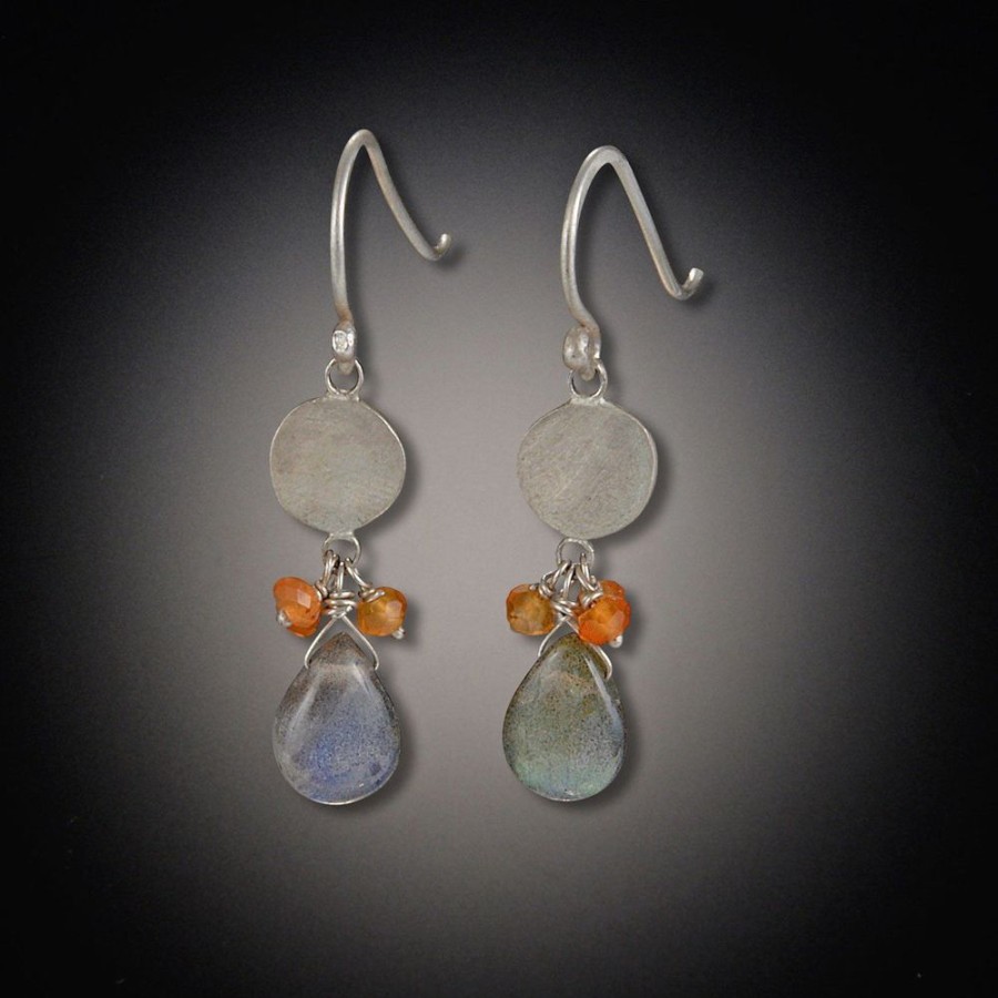 Earrings Ananda Khalsa | Single Disk With Labradorite Drop And Carnelian Clusters Earrings