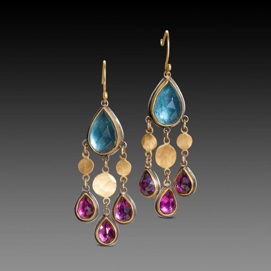 Earrings Ananda Khalsa | Moss Aquamarine And Rhodolite Garnet Chandelier Earrings