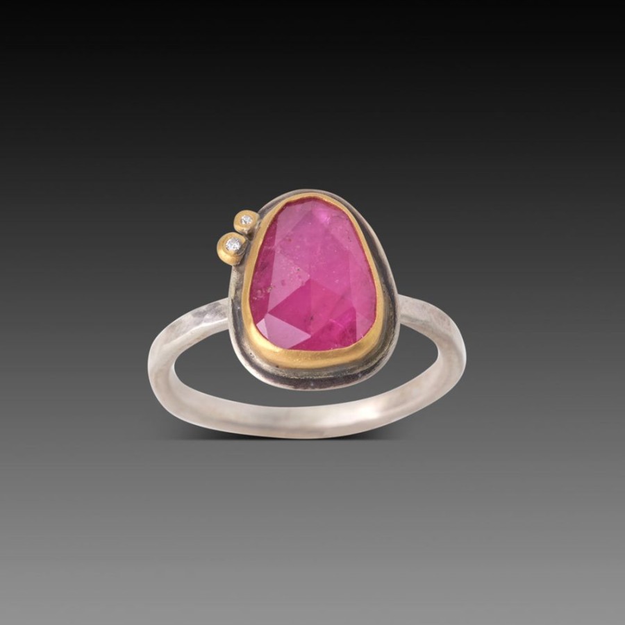 Rings Ananda Khalsa | Rose Cut Ruby Ring With Two Diamonds